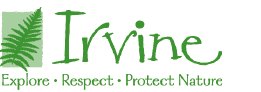 Logo with a green fern, the word "Irvine" in green script, and the phrase "Explore • Respect • Protect Nature" below.
