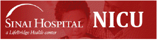 Red banner with "Sinai Hospital NICU" text. Subtext reads "a LifeBridge Health center" with a partial image of a child and adult in the background.