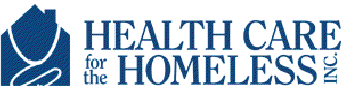 Logo of Health Care for the Homeless, Inc., featuring a white outlined silhouette of a person and house on a blue background.