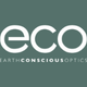 Logo with the word "eco" in large white letters and "Earth Conscious Optics" written below on a green background.
