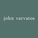 John Varvatos logo in lowercase white serif font on a muted green background.