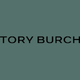 The image shows the "Tory Burch" logo in black text on a muted green background.