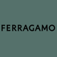 The image displays the word "FERRAGAMO" in black capital letters centered on a muted green background.