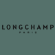 Longchamp Paris logo in black text centered on a muted green background.
