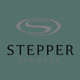 A stylized "S" logo appears above the words "STEPPER EYEWEAR" on a solid muted green background.