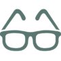Simple illustration of eyeglasses with stylized curved lines above each lens, suggesting eyebrows or raised temple arms.